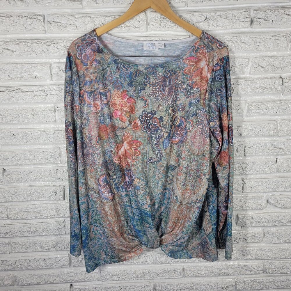 Time & Tru Women's XXXL 22 Top Floral Rhinestone Long Sleeve Plus FLO234E